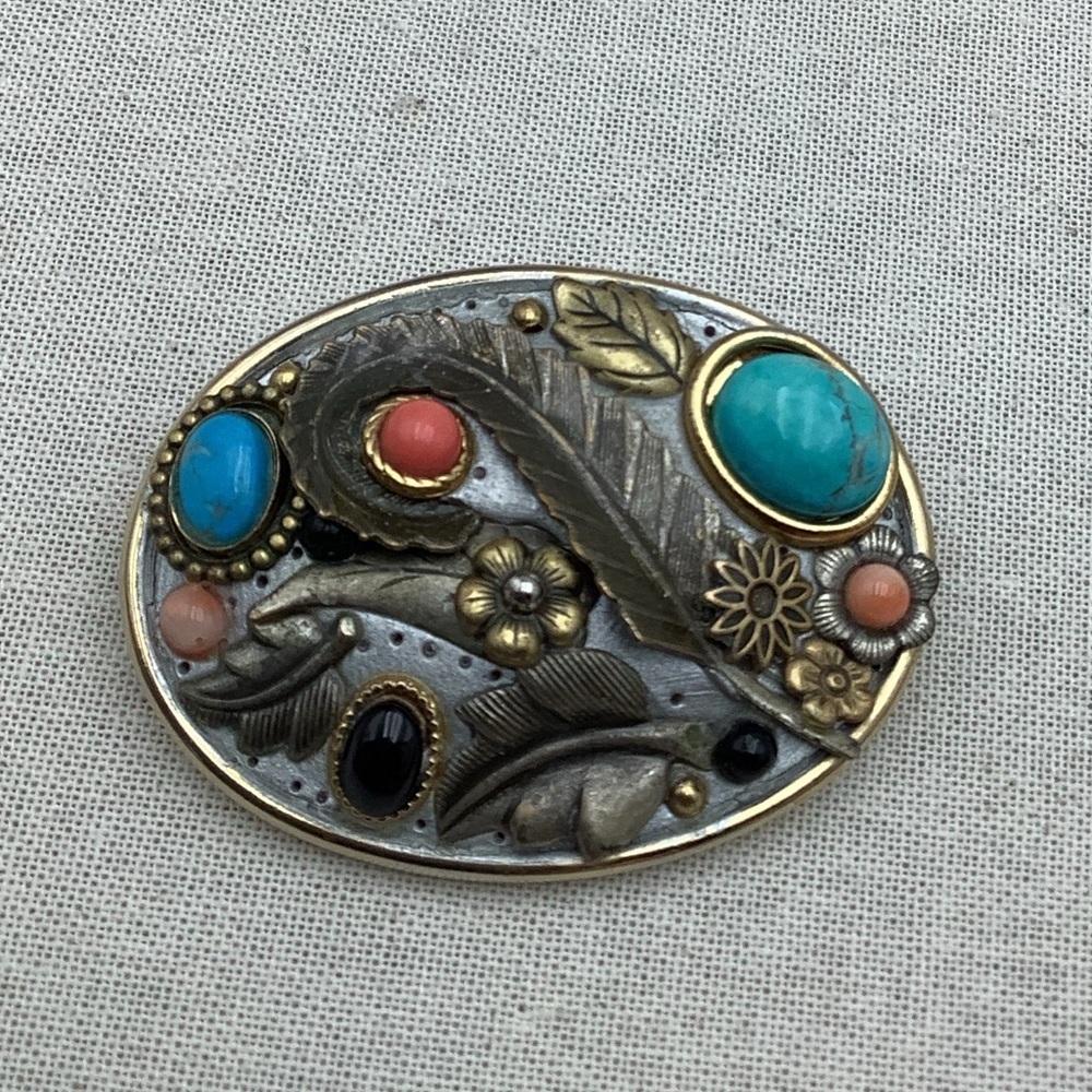Michel Golan unique turquoise Onyx and Coral brooch #19SB